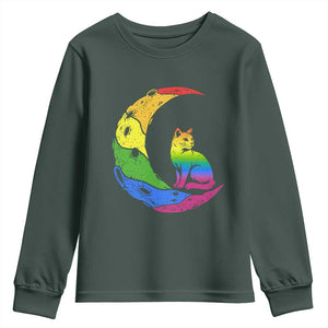 Rainbow Moon Cat Pride Youth Sweatshirt LGBT Feline Graphic TS12 Dark Forest Green Print Your Wear