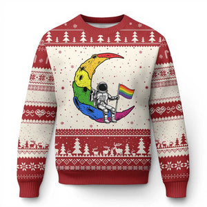 Rainbow Astronaut On The Moon LGBT Ugly Christmas Sweater Spaceman Pride Month
