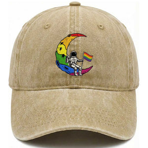 Rainbow Astronaut On The Moon LGBT Washed Cotton Baseball Cap Spaceman Pride Month