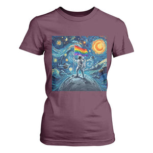 LGBTQ Rainbow Moon Astronaut T Shirt For Women Starry Night Graphic TS12 Maroon Print Your Wear