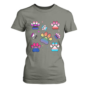 Funny Rainbow Paw Print Pride T Shirt For Women LGBTQ Pet Lover TS12 Military Green Print Your Wear