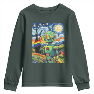 Funny Rainbow Starry Night Robot Pride Youth Sweatshirt LGBTQ Geeky Gift TS12 Dark Forest Green Print Your Wear