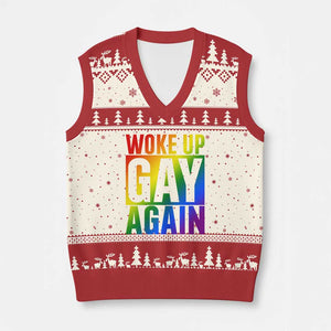 Funny LGBTQ Pride Month V-Neck Knit Sweater Vest Woke Up Gay Again TS12 Beige Red Print Your Wear