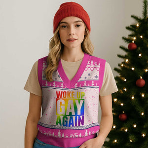 Funny LGBTQ Pride Month V-Neck Knit Sweater Vest Woke Up Gay Again TS12 Hot Pink Print Your Wear