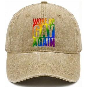 Funny LGBTQ Pride Month Washed Cotton Baseball Cap Woke Up Gay Again TS12 Print Your Wear