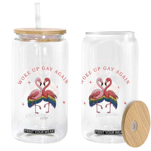 Funny Flamingos Woke Up Gay Again Glass Can Gift For Queer Bird Lovers