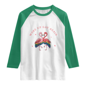 Funny Flamingos Woke Up Gay Again Raglan Shirt Gift For Queer Bird Lovers TS12 White Kelly Green Print Your Wear