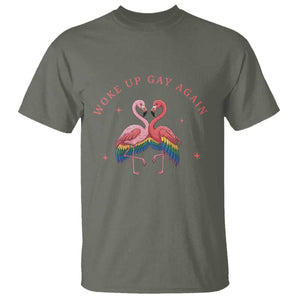 Funny Flamingos Woke Up Gay Again T Shirt Gift For Queer Bird Lovers TS12 Military Green Print Your Wear