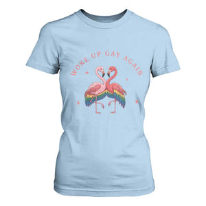 Funny Flamingos Woke Up Gay Again T Shirt For Women Gift For Queer Bird Lovers TS12 Light Blue Print Your Wear