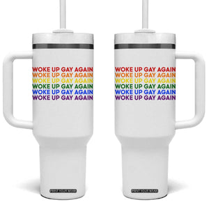 Woke Up Gay Again Tumbler With Handle Funny LGBTQ Rainbow Typography TS12 One Size: 40 oz White Print Your Wear