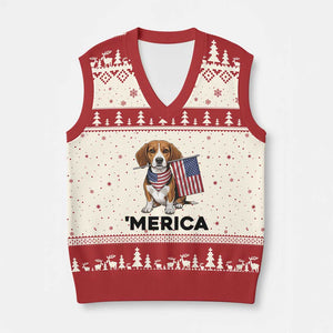 Patriotic Beagle Lover 4th Of July Dog V-Neck Knit Sweater Vest Merica Pride TS12 Beige Red Print Your Wear