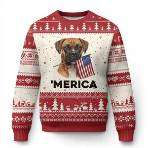 Merica Patriotic Boxer Mom Dad Gift Ugly Christmas Sweater Merica 4th Of July TS12 Beige Red Print Your Wear