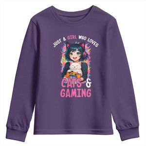 Just A Girl Who Loves Cats And Gaming Youth Sweatshirt Cute Gamer Gift TS12 Purple Print Your Wear