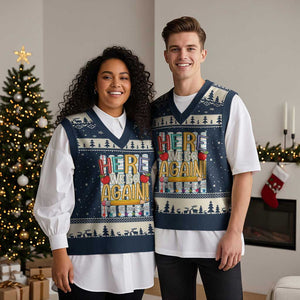 Funny Striped Teacher Back To School V-Neck Knit Sweater Vest Here We Go Again Welcome Back