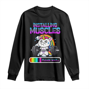 Installing Muscles Please Wait Long Sleeve Shirt Cute Unicorn Gym Workout Gift TS12 Black Print Your Wear