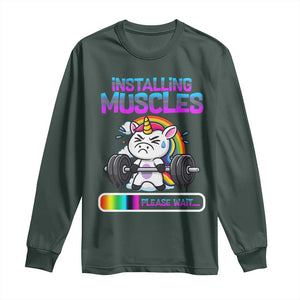 Installing Muscles Please Wait Long Sleeve Shirt Cute Unicorn Gym Workout Gift TS12 Dark Forest Green Print Your Wear
