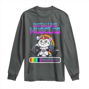 Installing Muscles Please Wait Long Sleeve Shirt Cute Unicorn Gym Workout Gift TS12 Dark Heather Print Your Wear