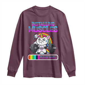 Installing Muscles Please Wait Long Sleeve Shirt Cute Unicorn Gym Workout Gift TS12 Maroon Print Your Wear