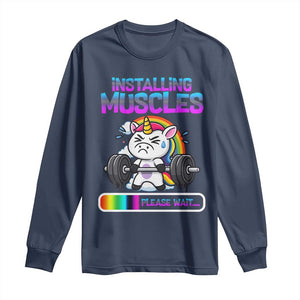 Installing Muscles Please Wait Long Sleeve Shirt Cute Unicorn Gym Workout Gift TS12 Navy Print Your Wear