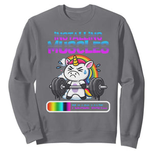 Installing Muscles Please Wait Sweatshirt Cute Unicorn Gym Workout Gift TS12 Charcoal Print Your Wear