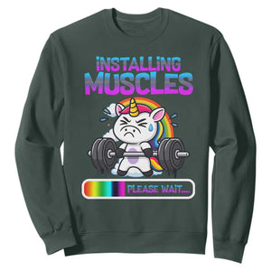 Installing Muscles Please Wait Sweatshirt Cute Unicorn Gym Workout Gift TS12 Dark Forest Green Print Your Wear