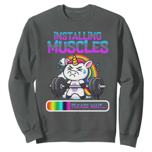 Installing Muscles Please Wait Sweatshirt Cute Unicorn Gym Workout Gift TS12 Dark Heather Print Your Wear