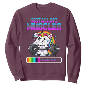 Installing Muscles Please Wait Sweatshirt Cute Unicorn Gym Workout Gift TS12 Maroon Print Your Wear