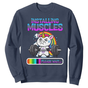 Installing Muscles Please Wait Sweatshirt Cute Unicorn Gym Workout Gift TS12 Navy Print Your Wear