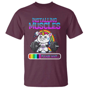 Installing Muscles Please Wait T Shirt Cute Unicorn Gym Workout Gift TS12 Maroon Print Your Wear