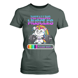 Installing Muscles Please Wait T Shirt For Women Cute Unicorn Gym Workout Gift TS12 Dark Forest Green Print Your Wear