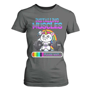 Installing Muscles Please Wait T Shirt For Women Cute Unicorn Gym Workout Gift TS12 Dark Heather Print Your Wear