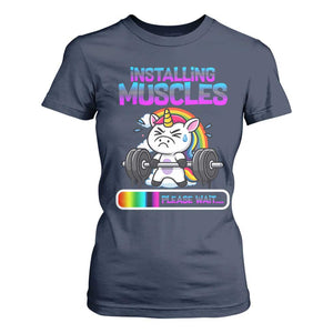 Installing Muscles Please Wait T Shirt For Women Cute Unicorn Gym Workout Gift TS12 Navy Print Your Wear