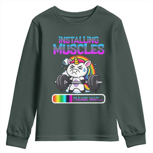 Installing Muscles Please Wait Youth Sweatshirt Cute Unicorn Gym Workout Gift TS12 Dark Forest Green Print Your Wear