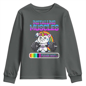 Installing Muscles Please Wait Youth Sweatshirt Cute Unicorn Gym Workout Gift TS12 Dark Heather Print Your Wear