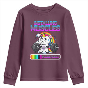 Installing Muscles Please Wait Youth Sweatshirt Cute Unicorn Gym Workout Gift TS12 Maroon Print Your Wear