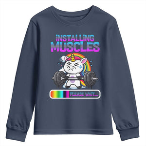 Installing Muscles Please Wait Youth Sweatshirt Cute Unicorn Gym Workout Gift TS12 Navy Print Your Wear
