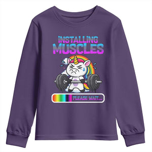 Installing Muscles Please Wait Youth Sweatshirt Cute Unicorn Gym Workout Gift TS12 Purple Print Your Wear