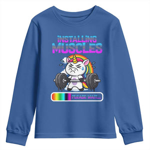 Installing Muscles Please Wait Youth Sweatshirt Cute Unicorn Gym Workout Gift TS12 Royal Blue Print Your Wear