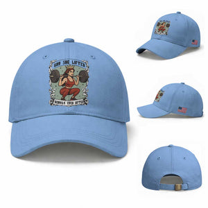 And She Lifted Heavily Ever After Baseball Cap Women Weightlifting Humor Gift TS12 Baseball Cap Universal Fit Light Blue Print Your Wear