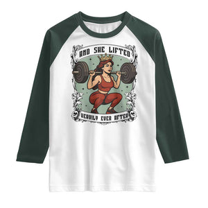 And She Lifted Heavily Ever After Raglan Shirt Women Weightlifting Humor Gift TS12 White Dark Forest Green Print Your Wear