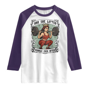 And She Lifted Heavily Ever After Raglan Shirt Women Weightlifting Humor Gift TS12 White Purple Print Your Wear