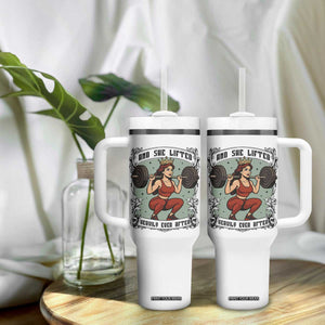 And She Lifted Heavily Ever After Tumbler With Handle Women Weightlifting Humor Gift TS12 Print Your Wear