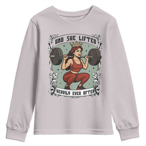 And She Lifted Heavily Ever After Youth Sweatshirt Women Weightlifting Humor Gift TS12 Ice Gray Print Your Wear