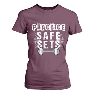 Practice Safe Sets T Shirt For Women Funny Gym Workout Gift TS12 Maroon Print Your Wear