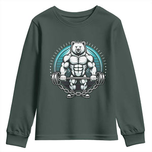 Funny Gym Workout Humor Youth Sweatshirt Cute Weightlifting Bear Gift TS12 Dark Forest Green Print Your Wear
