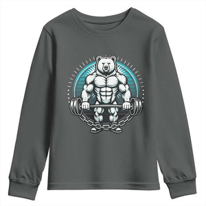 Funny Gym Workout Humor Youth Sweatshirt Cute Weightlifting Bear Gift TS12 Dark Heather Print Your Wear