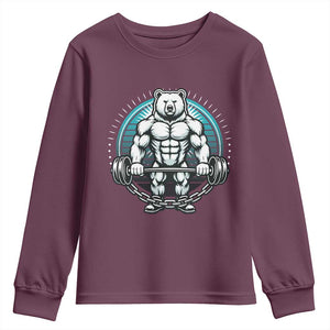 Funny Gym Workout Humor Youth Sweatshirt Cute Weightlifting Bear Gift TS12 Maroon Print Your Wear