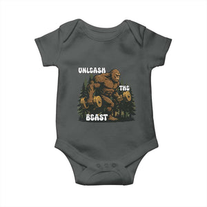 Unleash The Beast Baby Onesie Funny Bigfoot Fitness Workout Gift TS12 Dark Heather Print Your Wear