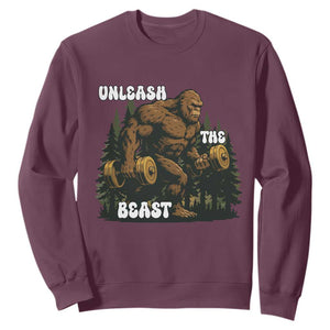 Unleash The Beast Sweatshirt Funny Bigfoot Fitness Workout Gift TS12 Maroon Print Your Wear