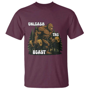 Unleash The Beast T Shirt Funny Bigfoot Fitness Workout Gift TS12 Maroon Print Your Wear